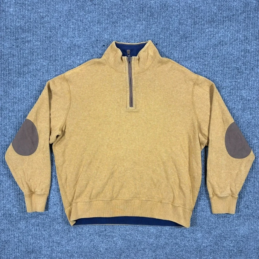 Cremieux Quarter Zip Sweater Mens Size XL Tan Elbow Patch Mock Neck Pullover